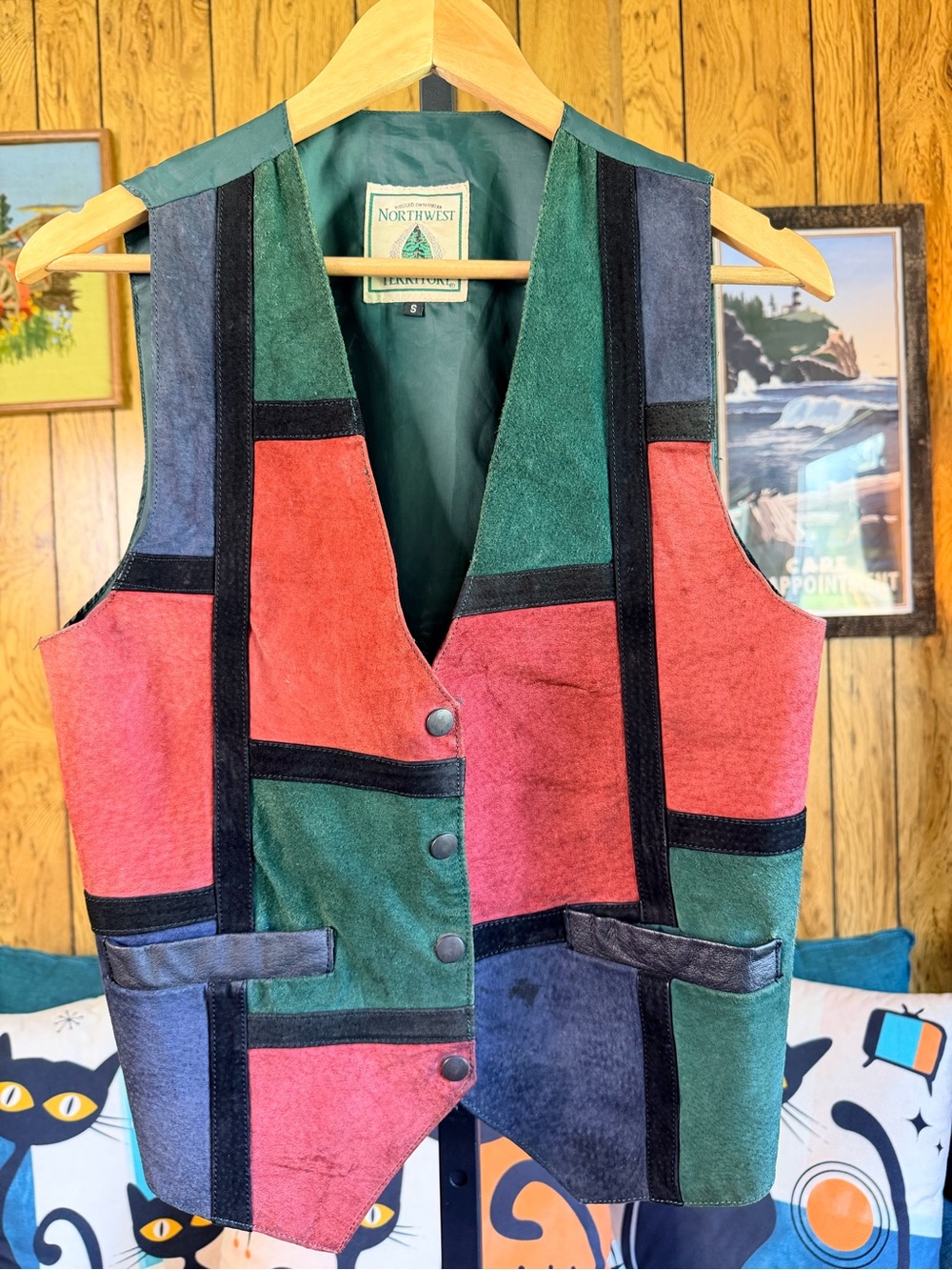 Vintage Northwest Territory Multicolor Suede Leather Patchwork Vest - Picture 9 of 10